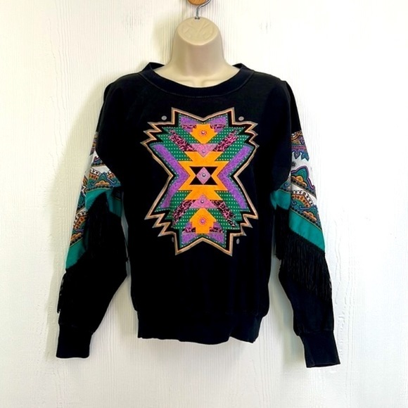 Hazelwood Southwest Fashion - Vintage 80s Black Aztec Fringe Sweatshirt Small - Picture 2 of 12